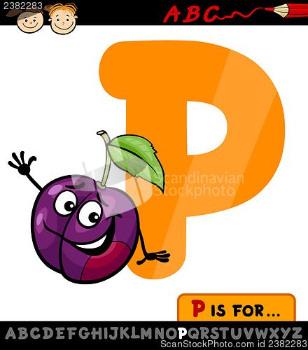 Image of letter p with plum cartoon illustration