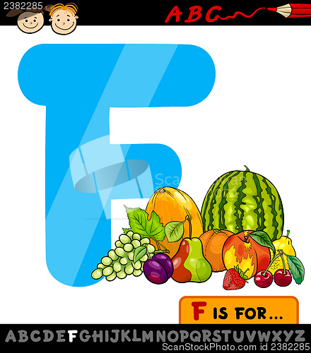 Image of letter f with fruits cartoon illustration