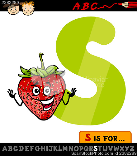 Image of letter s with strawberry cartoon illustration