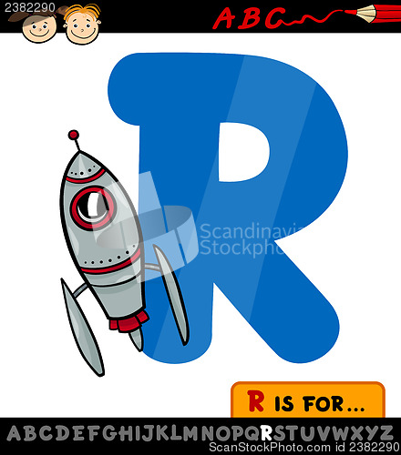 Image of letter r with rocket cartoon illustration