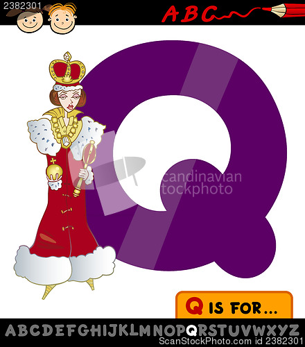 Image of letter q with queen cartoon illustration
