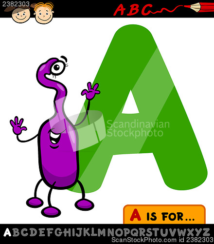 Image of letter a with alien cartoon illustration