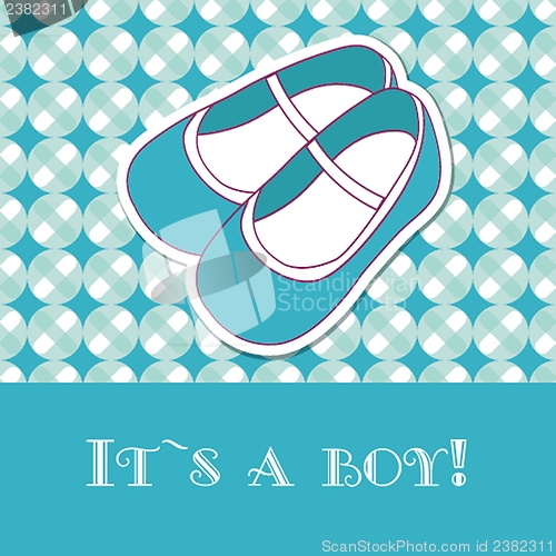 Image of Baby boy  shower card with small boots on seamless pattern and frame for your text