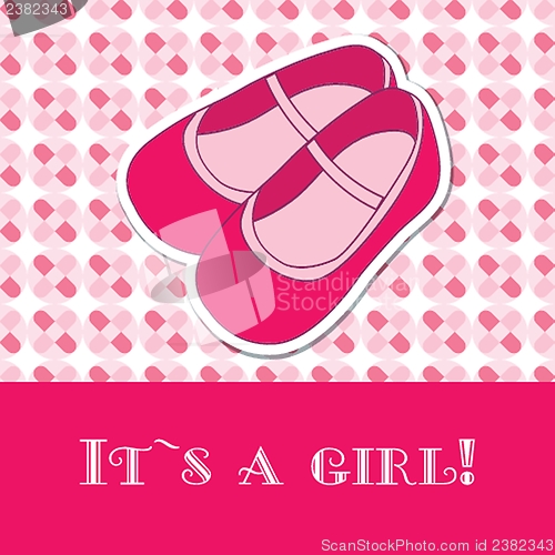 Image of Baby girl shower card with small boots on seamless pattern and frame for your text