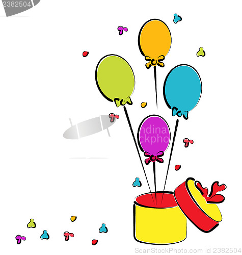 Image of Open gift box with balloons for your birthday, colorful sketch