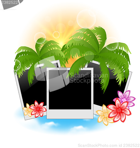 Image of Set photo frame with palms, flowers, seascape background