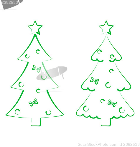 Image of Christmas set trees with decoration, stylized hand drawn