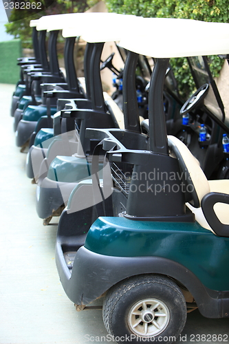 Image of High quality modern golf carts aligned