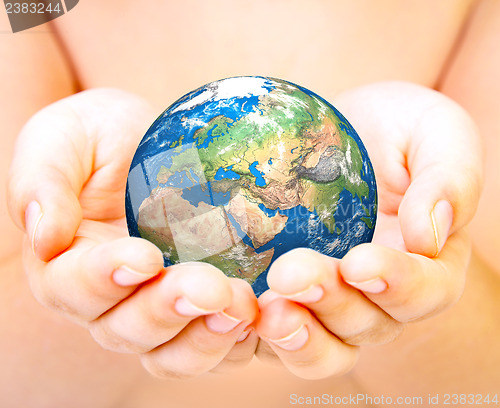 Image of Hand of the person holds globe.