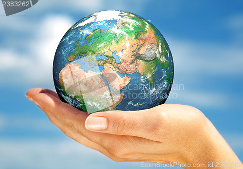 Image of Hand of the person holds globe.