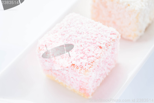 Image of Lamington sponge cakes on the plate