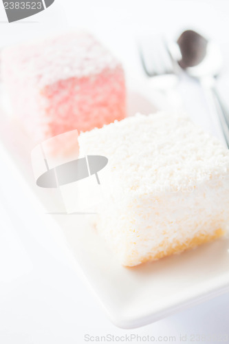 Image of Close up lamington sponge cakes 