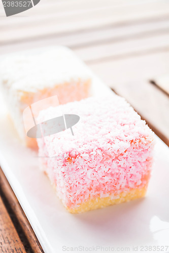 Image of Lamington cakes on wood table