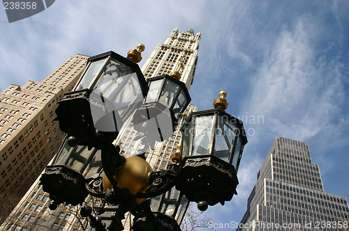 Image of Tall buildings & street light in New York Manhattan