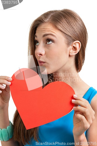 Image of smiling young woman and red heart love valentines day 