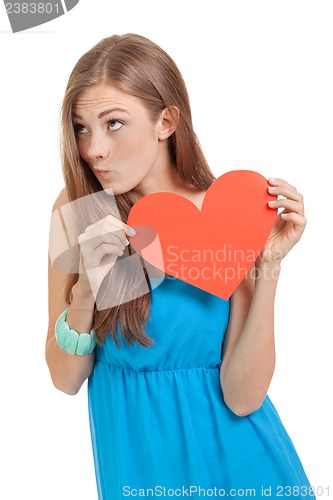 Image of smiling young woman and red heart love valentines day 