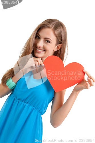 Image of smiling young woman and red heart love valentines day 