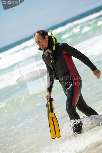 Image of male diver with diving suit snorkel mask fins on the beach