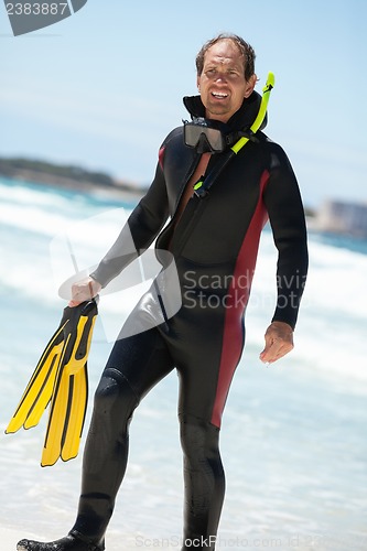 Image of male diver with diving suit snorkel mask fins on the beach