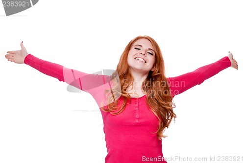Image of young smiling redhead woman portrait isolated expression 