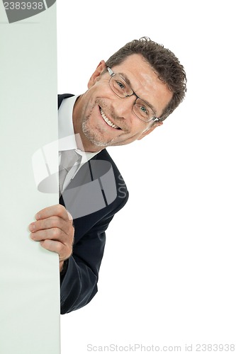 Image of mature smiling businessman holding billboard copyspace isolated