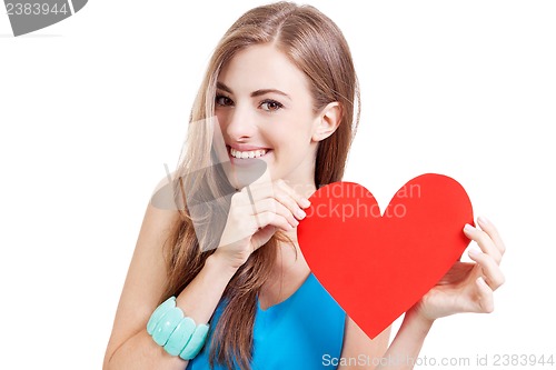 Image of smiling young woman and red heart love valentines day 