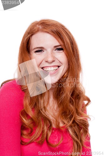 Image of young smiling redhead woman portrait isolated expression 