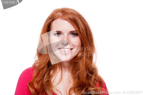 Image of young smiling redhead woman portrait isolated expression 