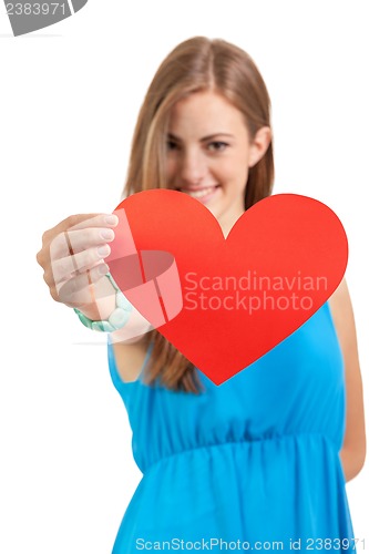 Image of smiling young woman and red heart love valentines day 