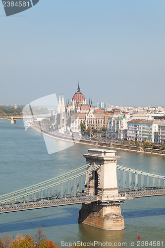 Image of Szechenyi suspension bridge in Budapest, Hungary the Parliament 