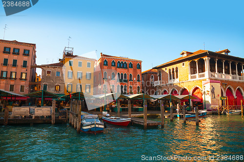 Image of Rialto market in Venice, Italy as seen from the Grand Canal