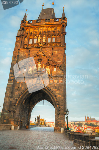 Image of Charles bridge in Prague at sunrise time