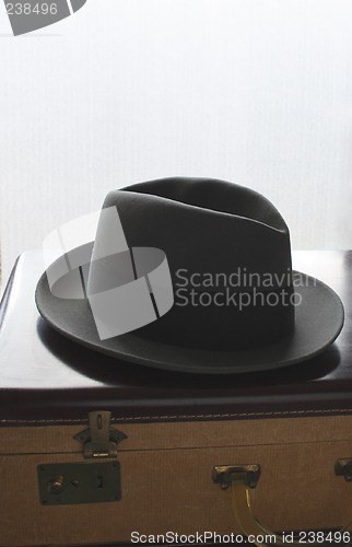 Image of man's hat on a suitcase