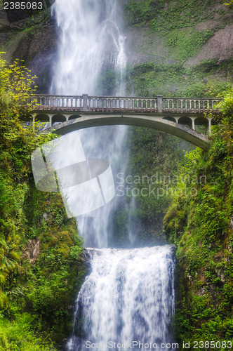 Image of Multnomah falls and bridge in the morning sun light