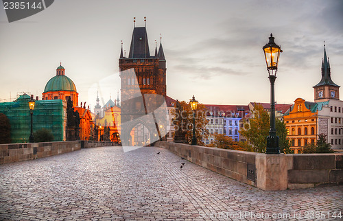 Image of Charles bridge in Prague early in the morning