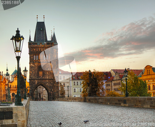 Image of Charles bridge in Prague early in the morning