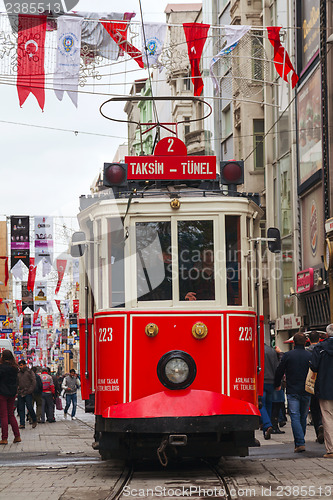 Image of Old-fashioned red tram at the street of Istanbul