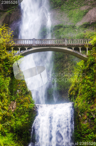 Image of Multnomah falls and bridge in the morning sun light