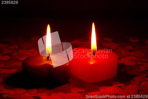 Image of Two burning heart shaped candle