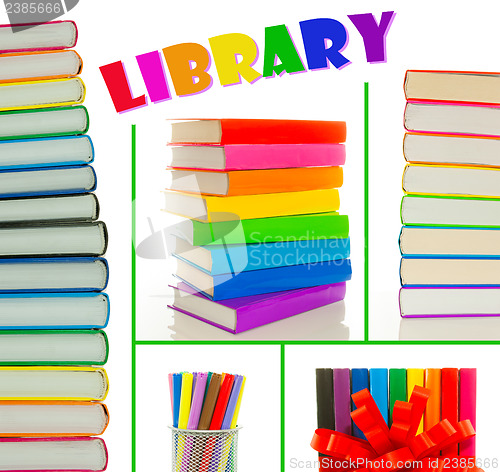 Image of Collage of colorful books' stacks - Library concept