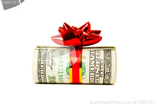 Image of A wad of US one hundred dollar bills tied up with red ribbon