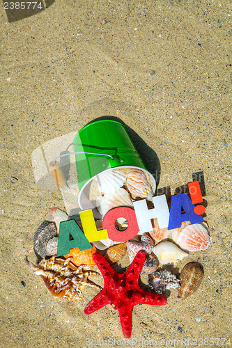 Image of Word "Aloha" with starfish and shells background