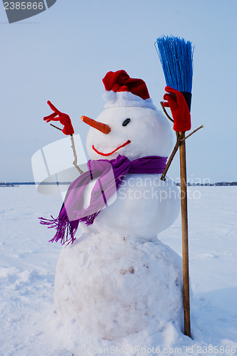 Image of Lonely snowman at a snowy field