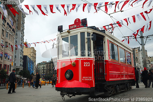 Image of Old-fashioned red tram at the street of Istanbul