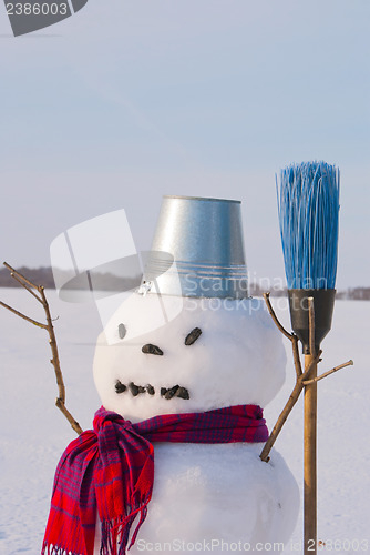 Image of Lonely snowman at a snowy field