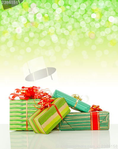 Image of Christmas presents against bokeh background