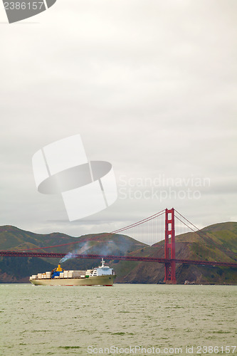 Image of Ocean vessel under Golden Gates bridge in San Francisco