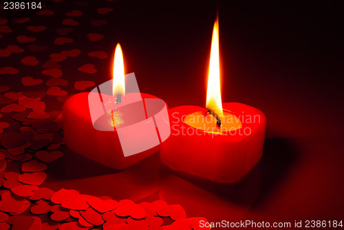 Image of Two burning heart shaped candles