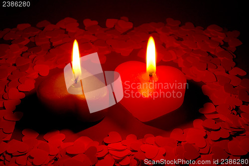 Image of Two burning heart shaped candles