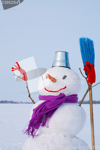 Image of Lonely snowman at a snowy field